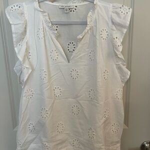 Free Assembly White Eyelet V-Neck Ruffle Sleeve Top